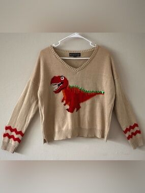 Almost Famous Women’s S Beige Acrylic Knit Dinosaur Sequin V-Neck Sweater